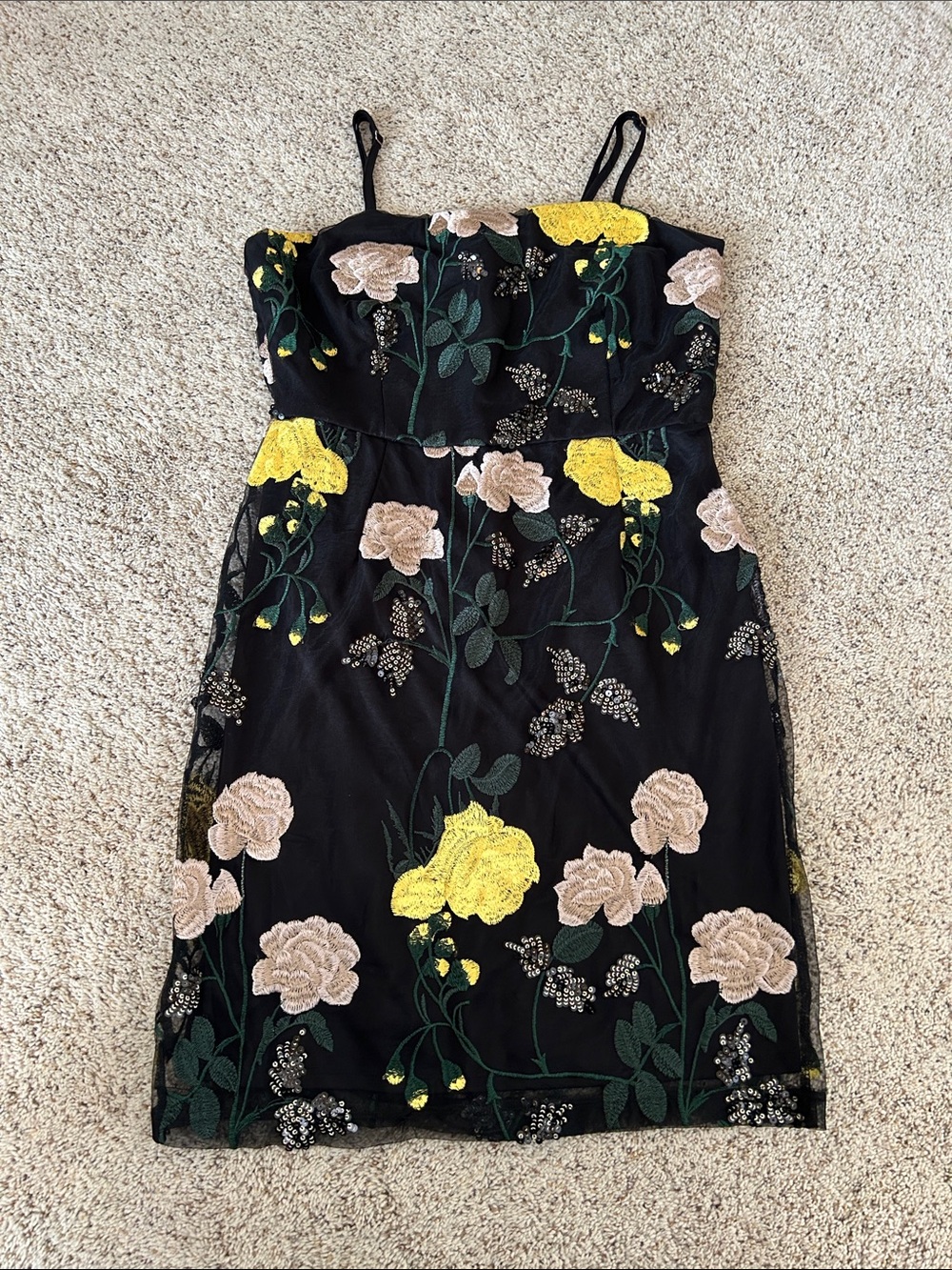 Lulu’s Black Floral Embroidered Slip Dress with Yellow & Blush Flowers
